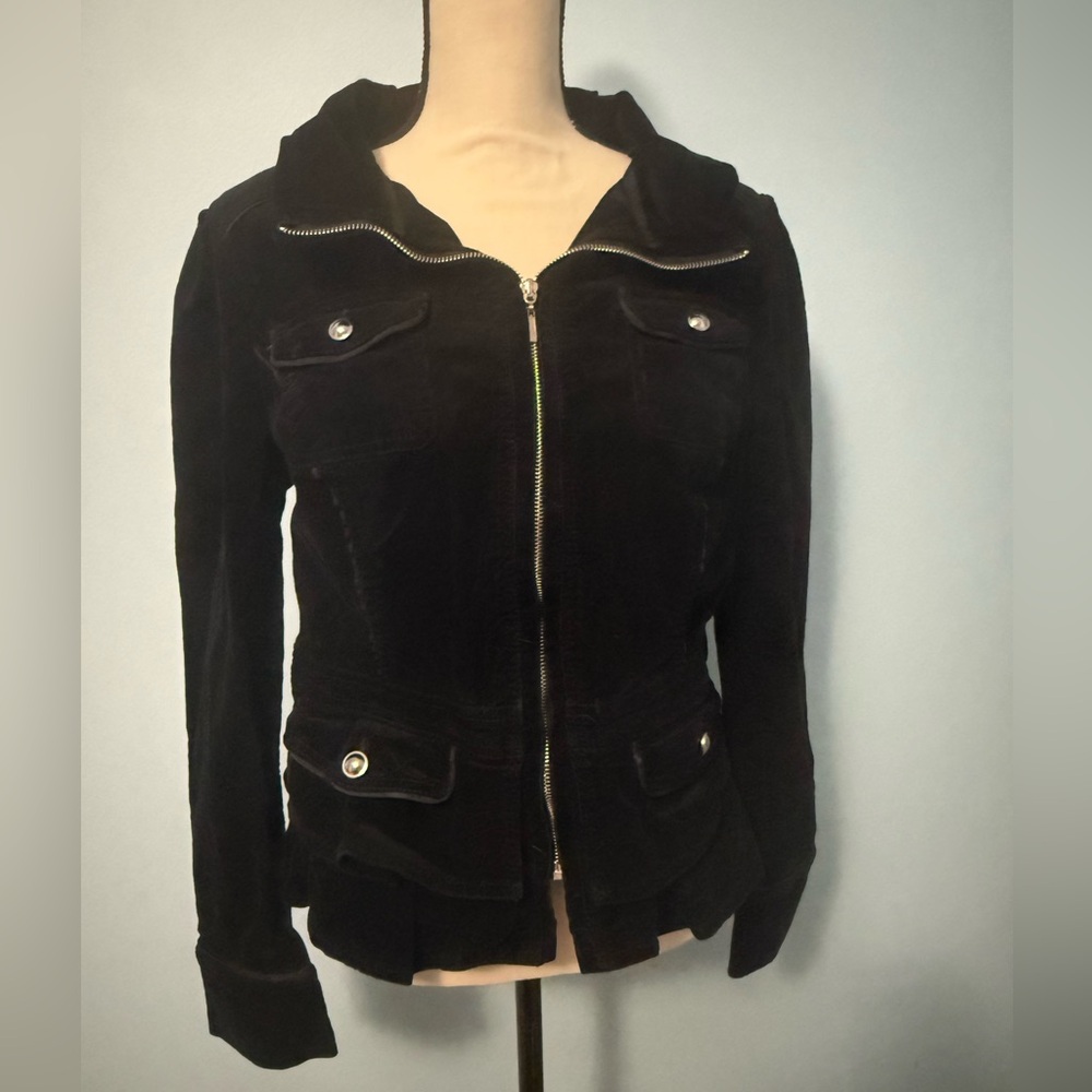 White House Black Market Women’s Black Corduroy Jacket with Ruffle Hem